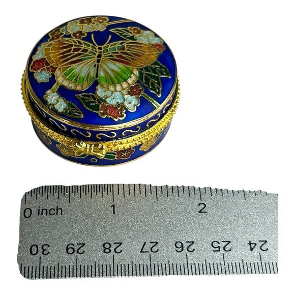 Vintage Blue Gold Tone Cloisonne Butterfly Round Pill Box Trinket Box - Picture 2 of 8